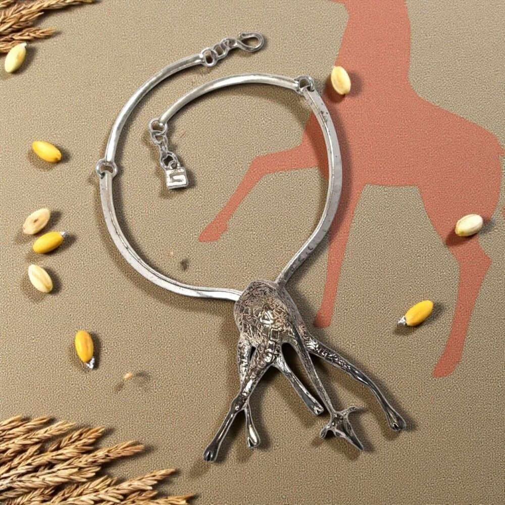Vintage Giraffe Silvertone Statement Necklace & Brooch Set 3D Safari Jewelry